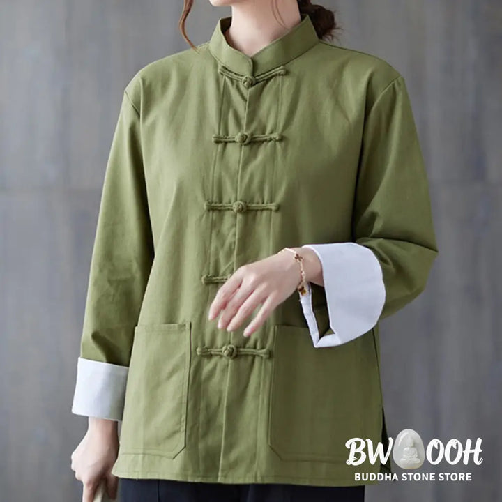 Buddha Stones Women’s Frog-Button Long Sleeve Shirt Pants Meditation Cotton Linen Clothing - Women’s Meditation Cloth