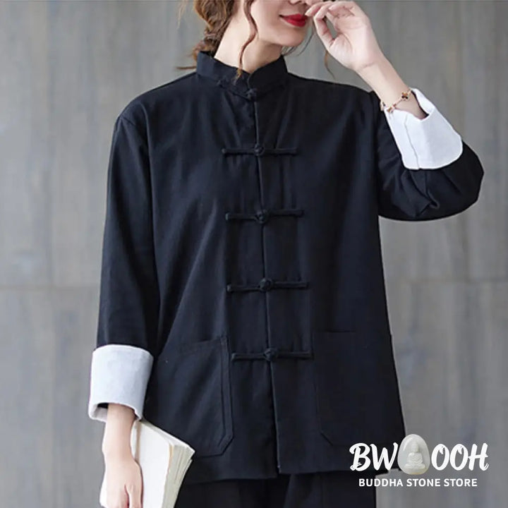 Buddha Stones Women’s Frog-Button Long Sleeve Shirt Pants Meditation Cotton Linen Clothing - Women’s Meditation Cloth