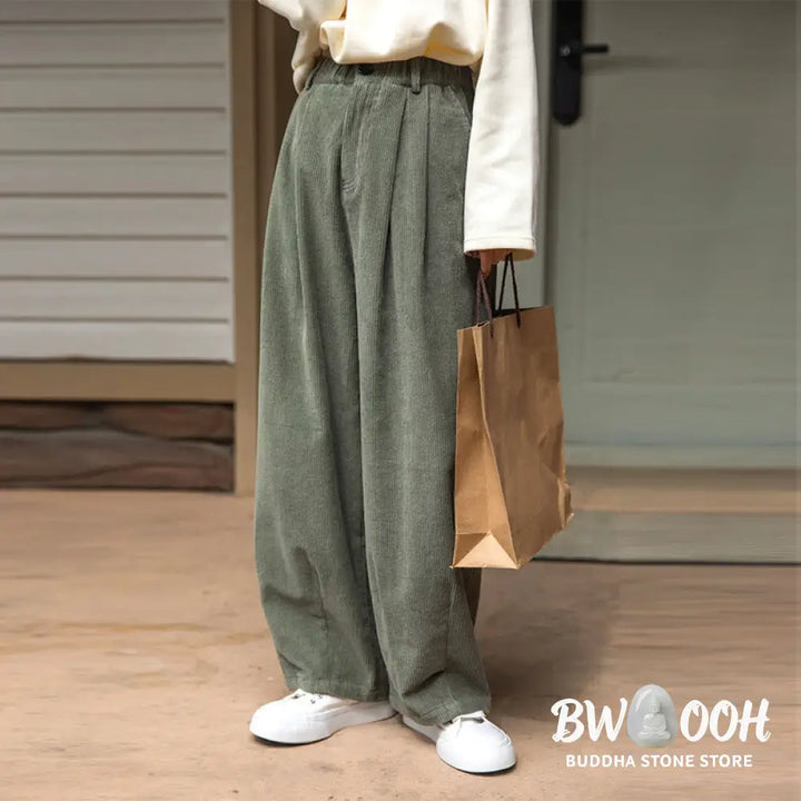 Buddha Stones Women’s High Waist Zipper Design Wide Leg Cotton Corduroy Pants With Pockets - Women’s Wide Leg Pants