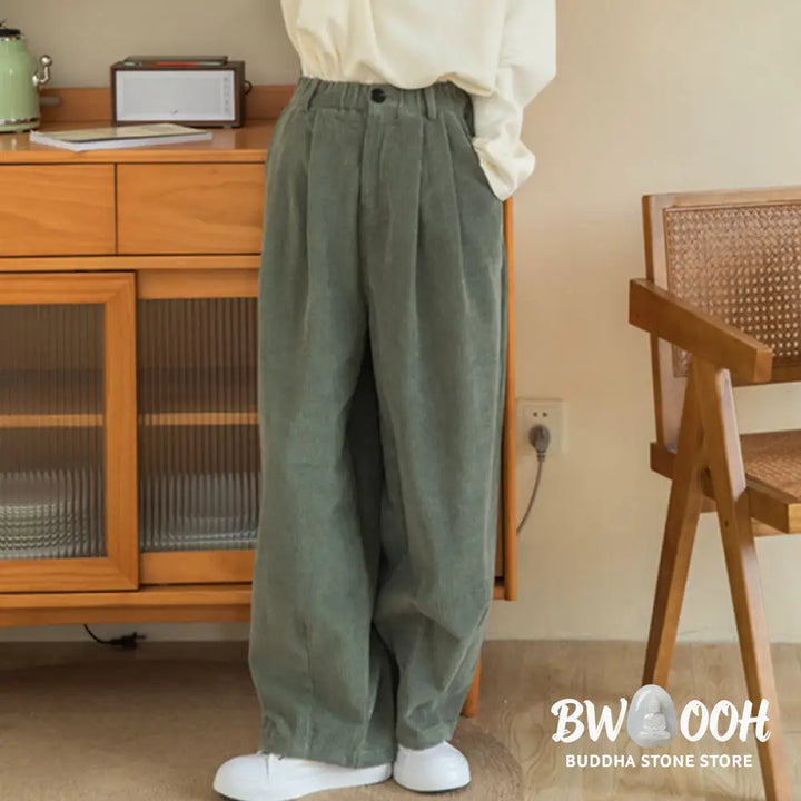 Buddha Stones Women’s High Waist Zipper Design Wide Leg Cotton Corduroy Pants With Pockets - Women’s Wide Leg Pants
