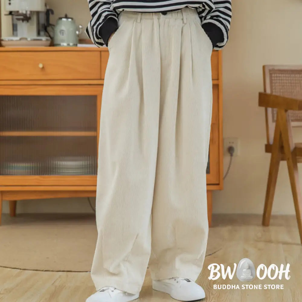 Buddha Stones Women’s High Waist Zipper Design Wide Leg Cotton Corduroy Pants With Pockets - Women’s Wide Leg Pants