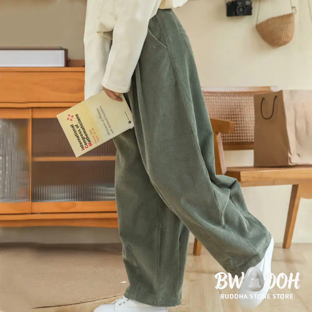 Buddha Stones Women’s High Waist Zipper Design Wide Leg Cotton Corduroy Pants With Pockets - Women’s Wide Leg Pants