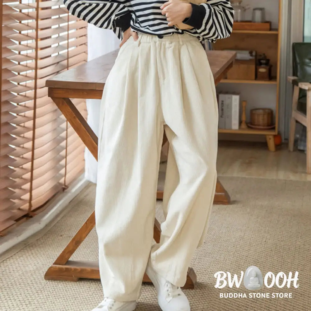Buddha Stones Women’s High Waist Zipper Design Wide Leg Cotton Corduroy Pants With Pockets - Women’s Wide Leg Pants