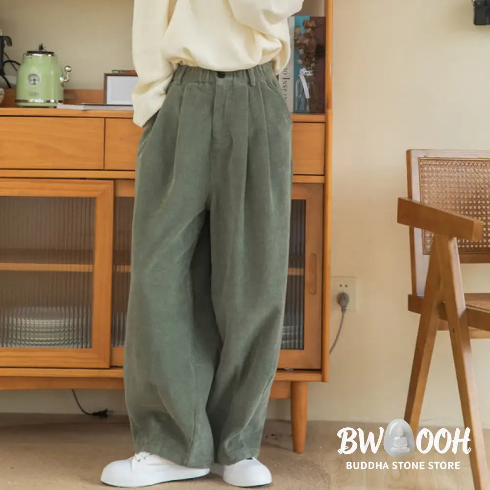 Buddha Stones Women’s High Waist Zipper Design Wide Leg Cotton Corduroy Pants With Pockets - Women’s Wide Leg Pants