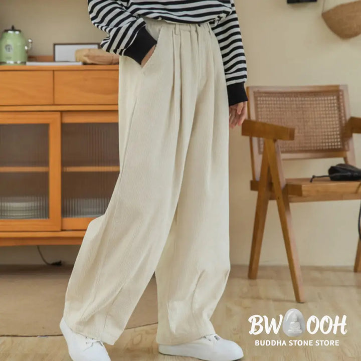 Buddha Stones Women’s High Waist Zipper Design Wide Leg Cotton Corduroy Pants With Pockets - Women’s Wide Leg Pants