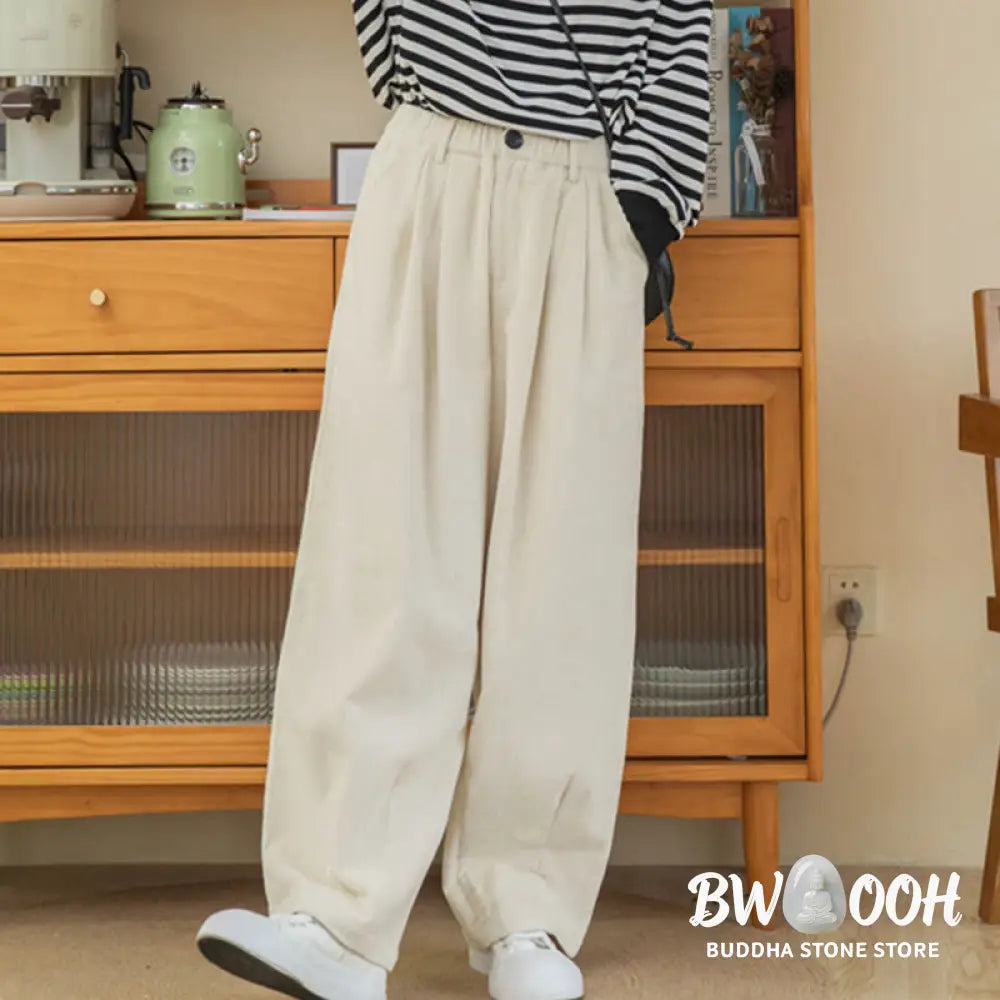 Buddha Stones Women’s High Waist Zipper Design Wide Leg Cotton Corduroy Pants With Pockets - Women’s Wide Leg Pants