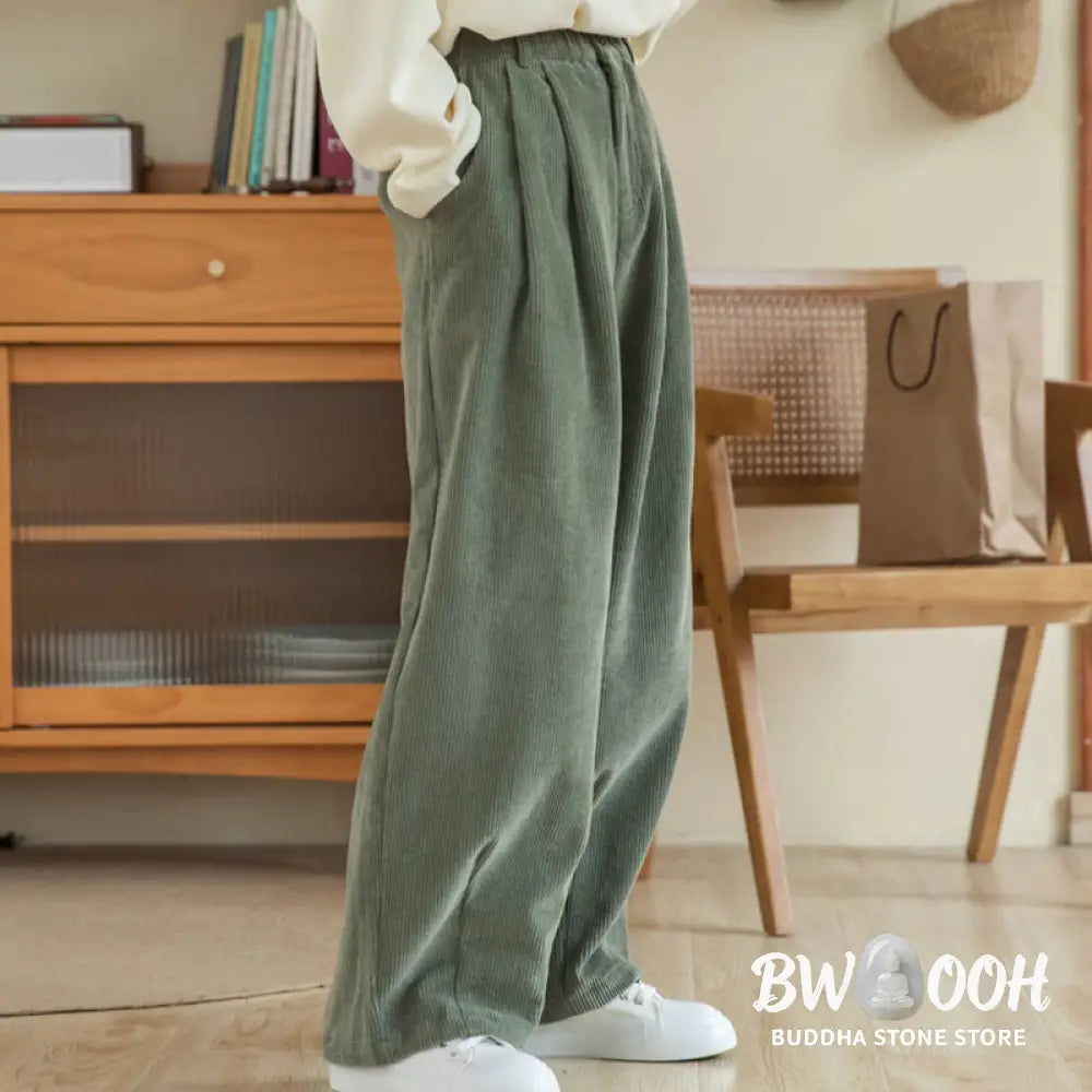 Buddha Stones Women’s High Waist Zipper Design Wide Leg Cotton Corduroy Pants With Pockets - Women’s Wide Leg Pants