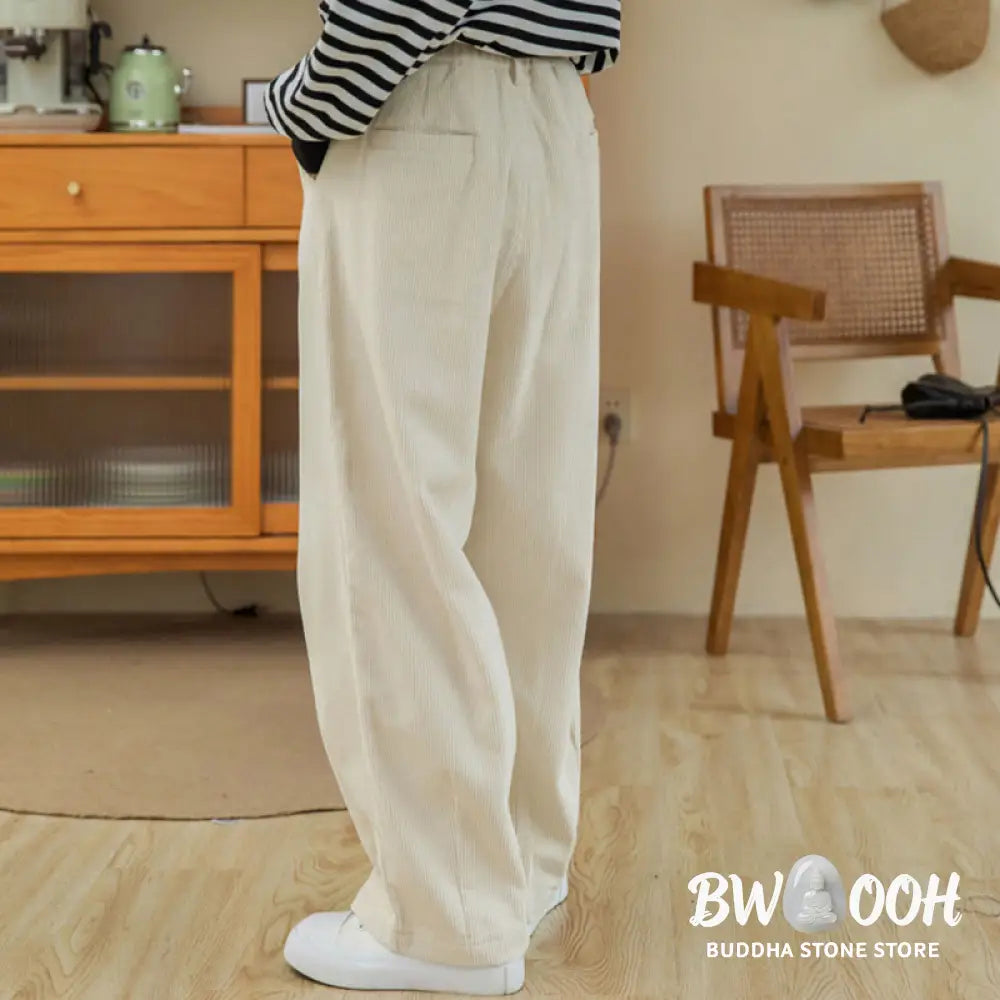 Buddha Stones Women’s High Waist Zipper Design Wide Leg Cotton Corduroy Pants With Pockets - Women’s Wide Leg Pants