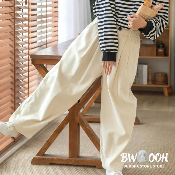 Buddha Stones Women’s High Waist Zipper Design Wide Leg Cotton Corduroy Pants With Pockets - Women’s Wide Leg Pants