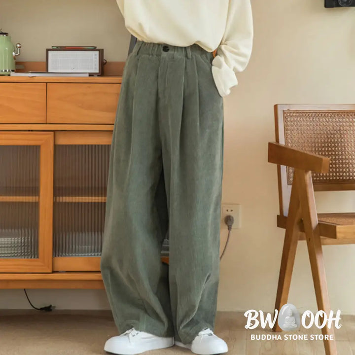Buddha Stones Women’s High Waist Zipper Design Wide Leg Cotton Corduroy Pants With Pockets - Women’s Wide Leg Pants