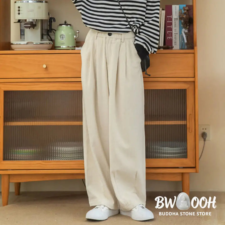 Buddha Stones Women’s High Waist Zipper Design Wide Leg Cotton Corduroy Pants With Pockets - Women’s Wide Leg Pants