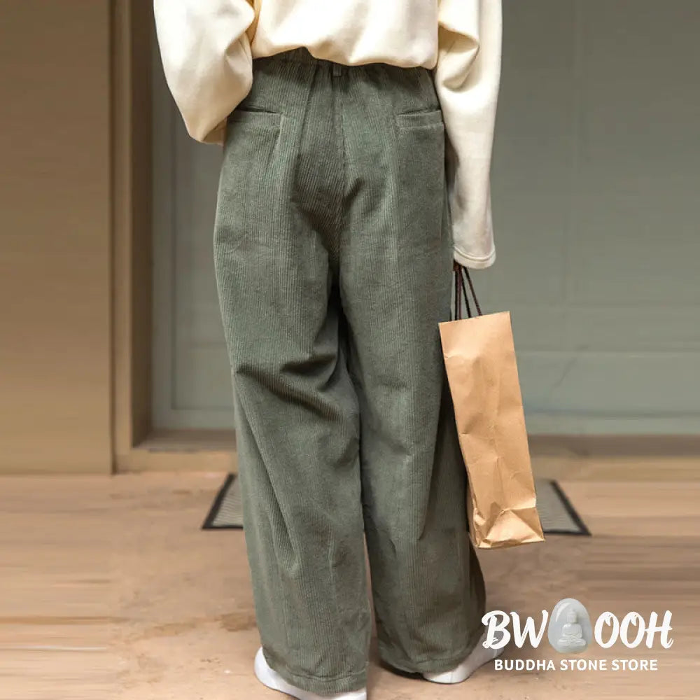 Buddha Stones Women’s High Waist Zipper Design Wide Leg Cotton Corduroy Pants With Pockets - Women’s Wide Leg Pants