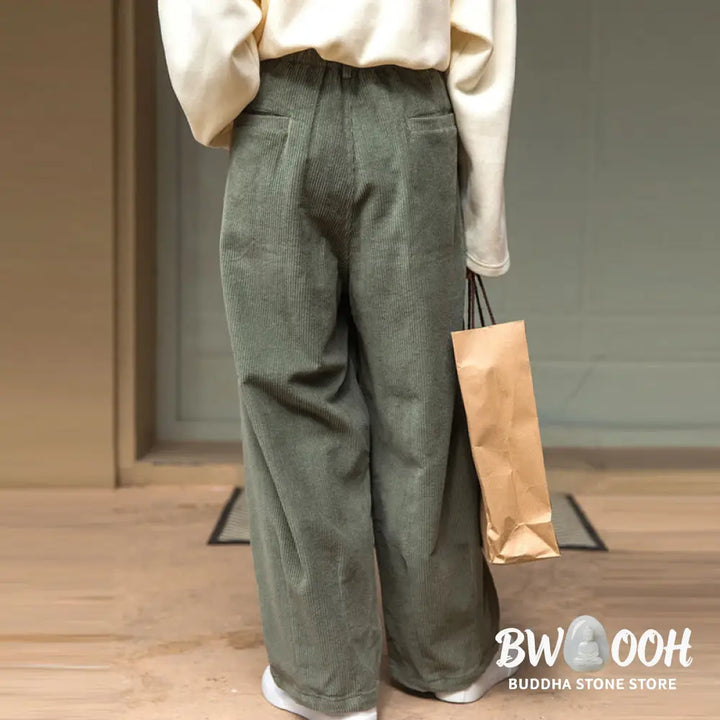 Buddha Stones Women’s High Waist Zipper Design Wide Leg Cotton Corduroy Pants With Pockets - Women’s Wide Leg Pants
