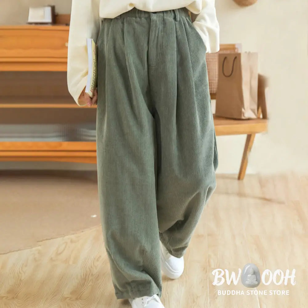 Buddha Stones Women’s High Waist Zipper Design Wide Leg Cotton Corduroy Pants With Pockets - Women’s Wide Leg Pants