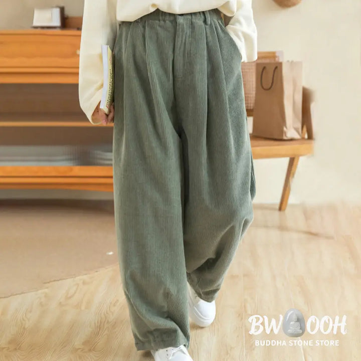 Buddha Stones Women’s High Waist Zipper Design Wide Leg Cotton Corduroy Pants With Pockets - Women’s Wide Leg Pants