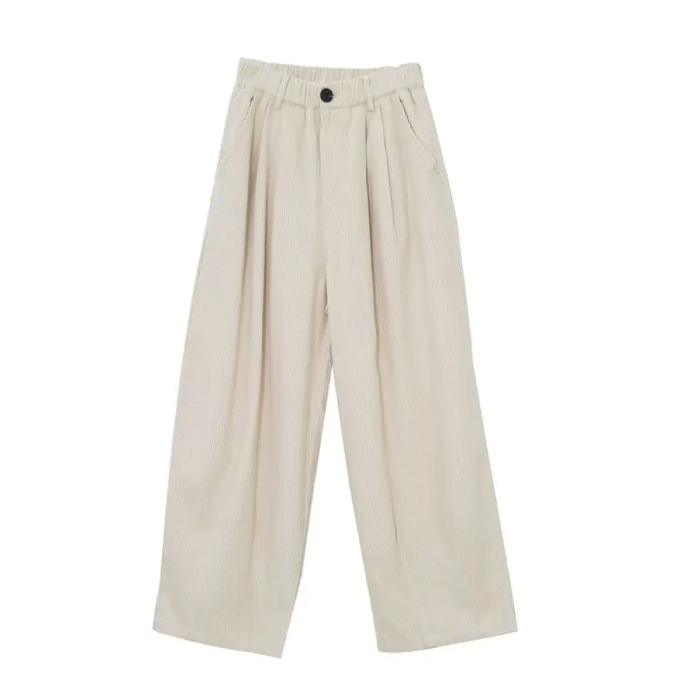 Buddha Stones Women’s High Waist Zipper Design Wide Leg Cotton Corduroy Pants With Pockets - Beige / US4，UK/AU8，EU36