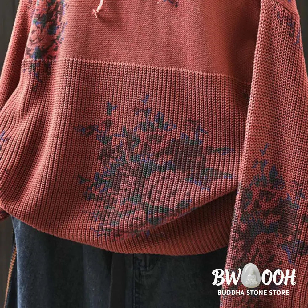 Buddha Stones Women’s Knitted Floral Cotton Long Sleeve Hooded Sweater - Women’s Sweater