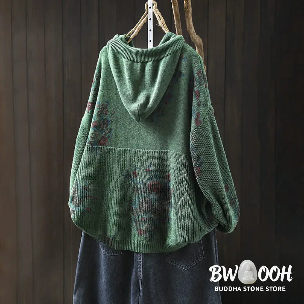 Buddha Stones Women’s Knitted Floral Cotton Long Sleeve Hooded Sweater - Women’s Sweater