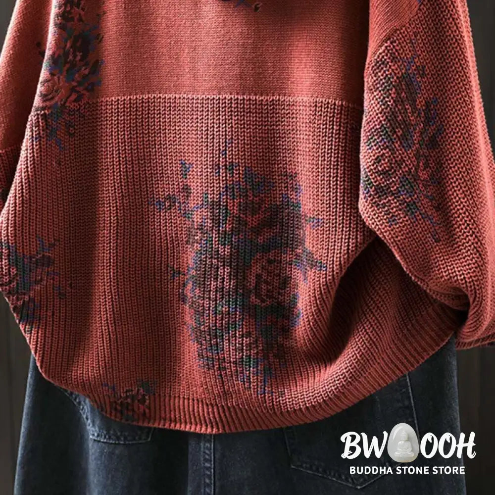 Buddha Stones Women’s Knitted Floral Cotton Long Sleeve Hooded Sweater - Women’s Sweater