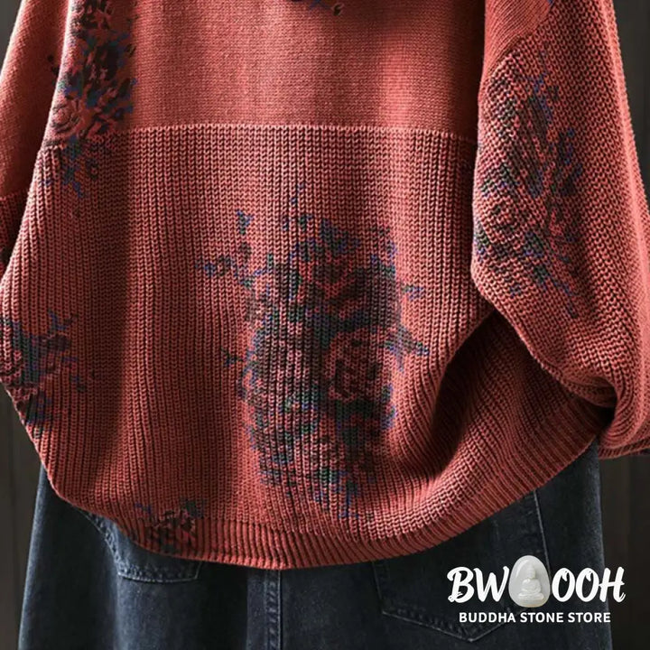 Buddha Stones Women’s Knitted Floral Cotton Long Sleeve Hooded Sweater - Women’s Sweater