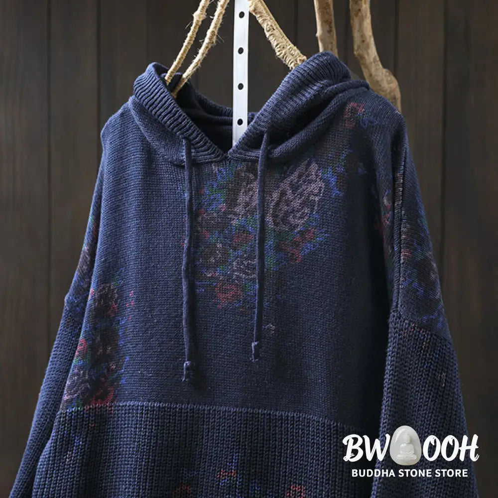 Buddha Stones Women’s Knitted Floral Cotton Long Sleeve Hooded Sweater - Women’s Sweater