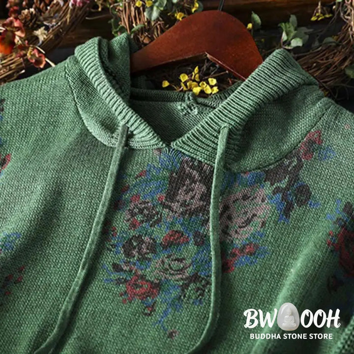 Buddha Stones Women’s Knitted Floral Cotton Long Sleeve Hooded Sweater - Women’s Sweater