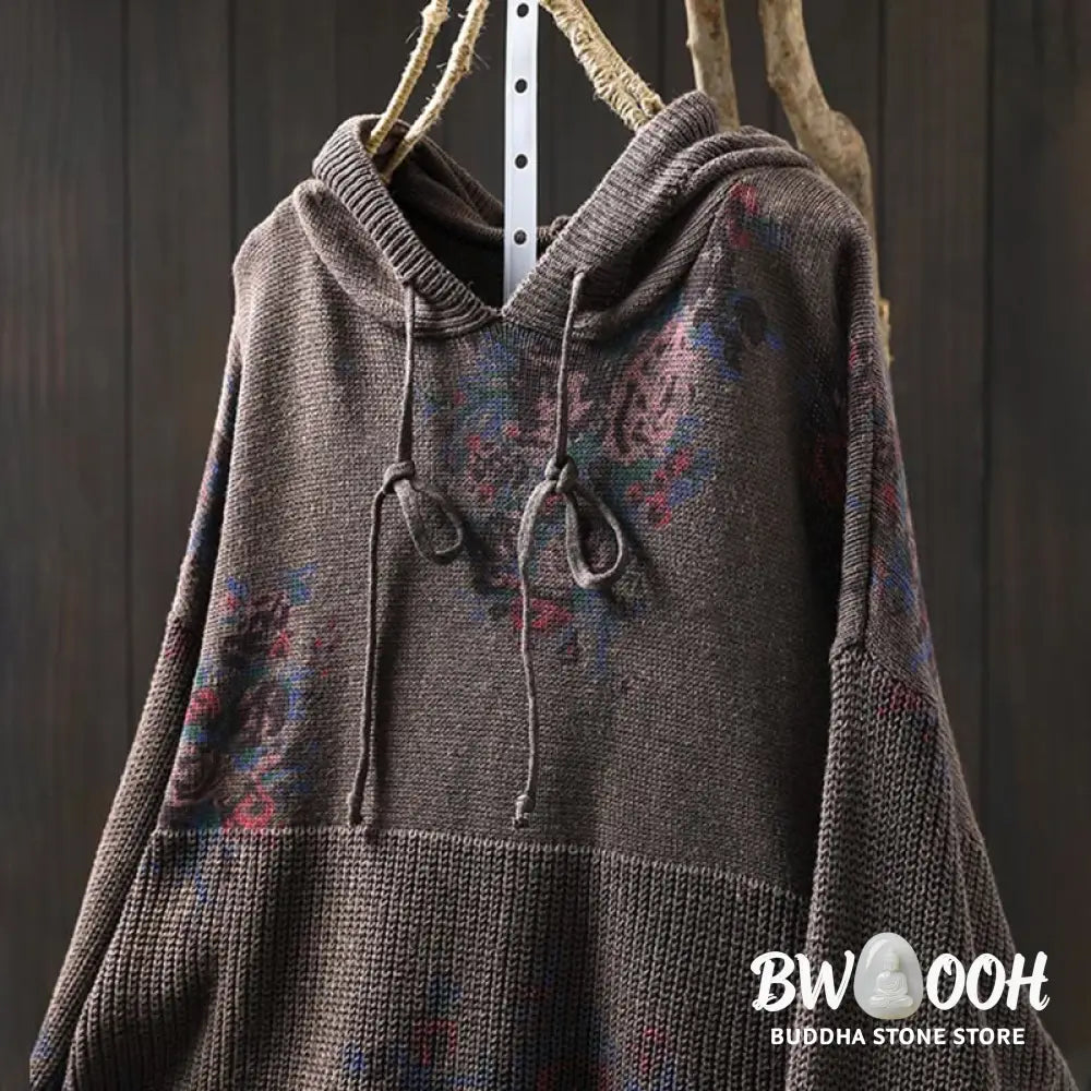 Buddha Stones Women’s Knitted Floral Cotton Long Sleeve Hooded Sweater - Women’s Sweater