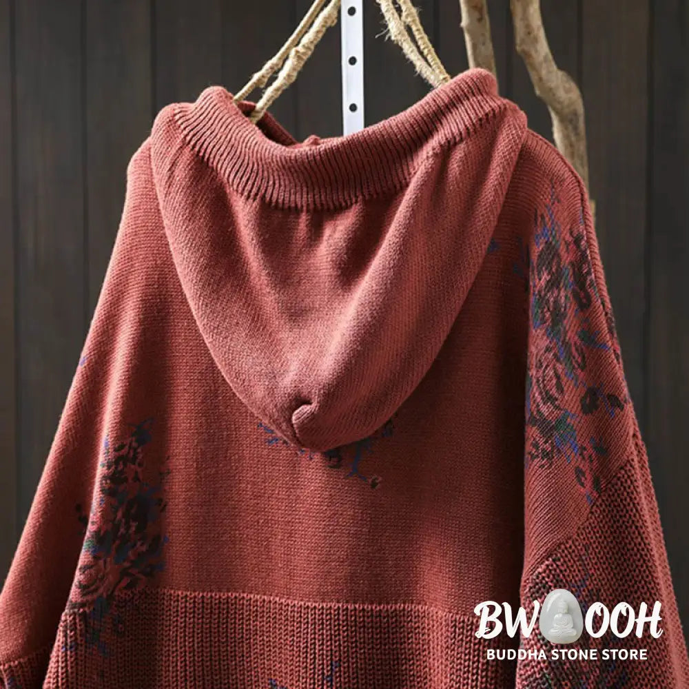 Buddha Stones Women’s Knitted Floral Cotton Long Sleeve Hooded Sweater - Women’s Sweater