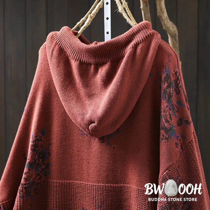 Buddha Stones Women’s Knitted Floral Cotton Long Sleeve Hooded Sweater - Women’s Sweater