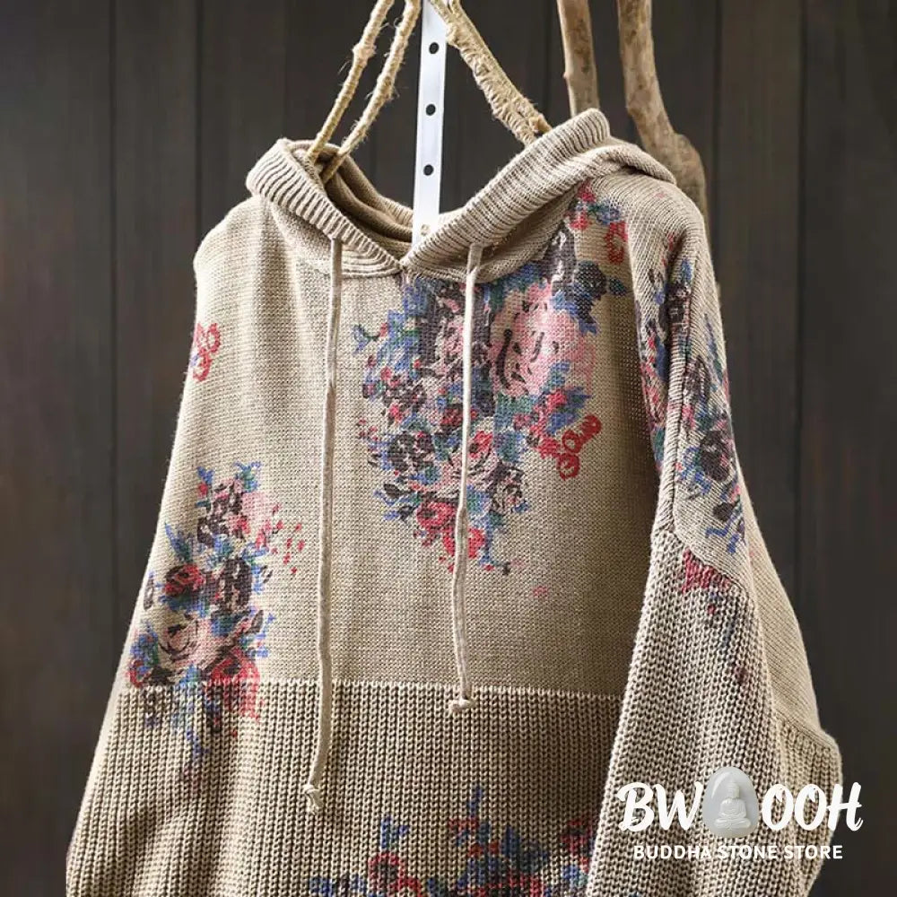 Buddha Stones Women’s Knitted Floral Cotton Long Sleeve Hooded Sweater - Women’s Sweater