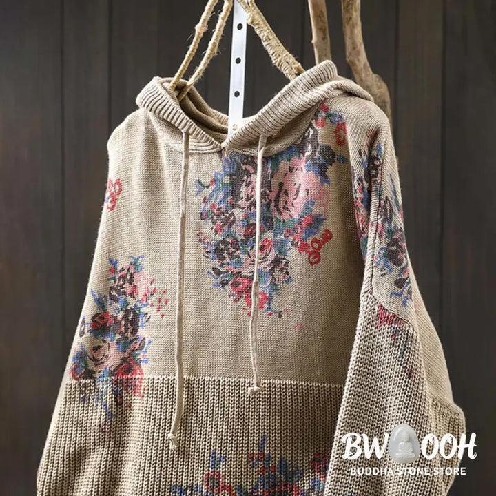Buddha Stones Women’s Knitted Floral Cotton Long Sleeve Hooded Sweater - Women’s Sweater
