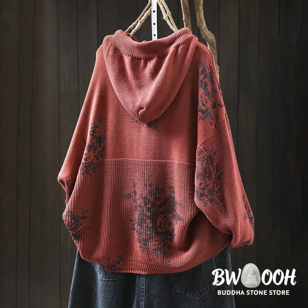 Buddha Stones Women’s Knitted Floral Cotton Long Sleeve Hooded Sweater - Women’s Sweater
