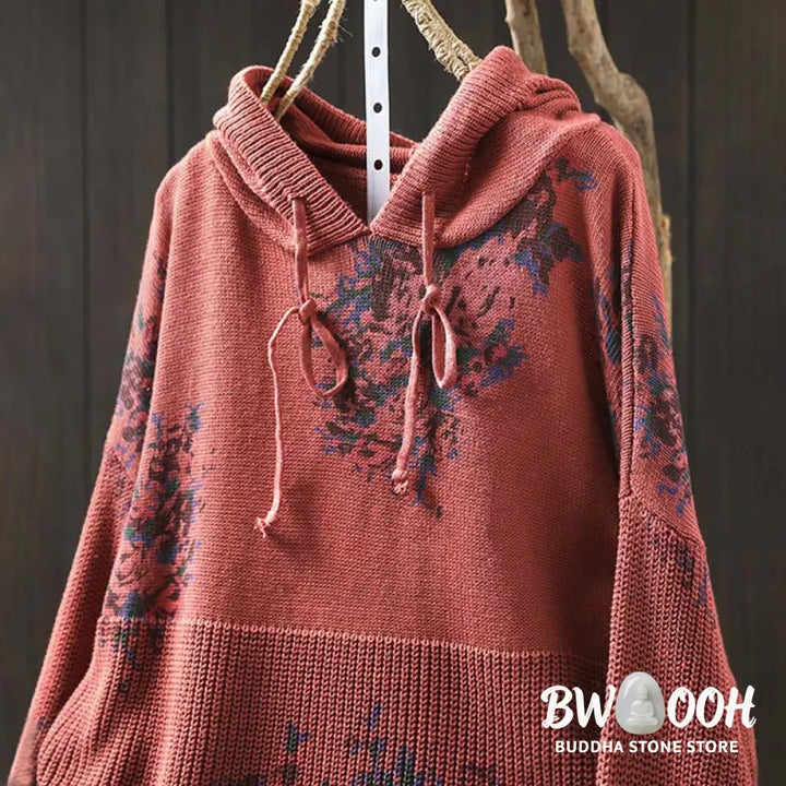 Buddha Stones Women’s Knitted Floral Cotton Long Sleeve Hooded Sweater - Women’s Sweater