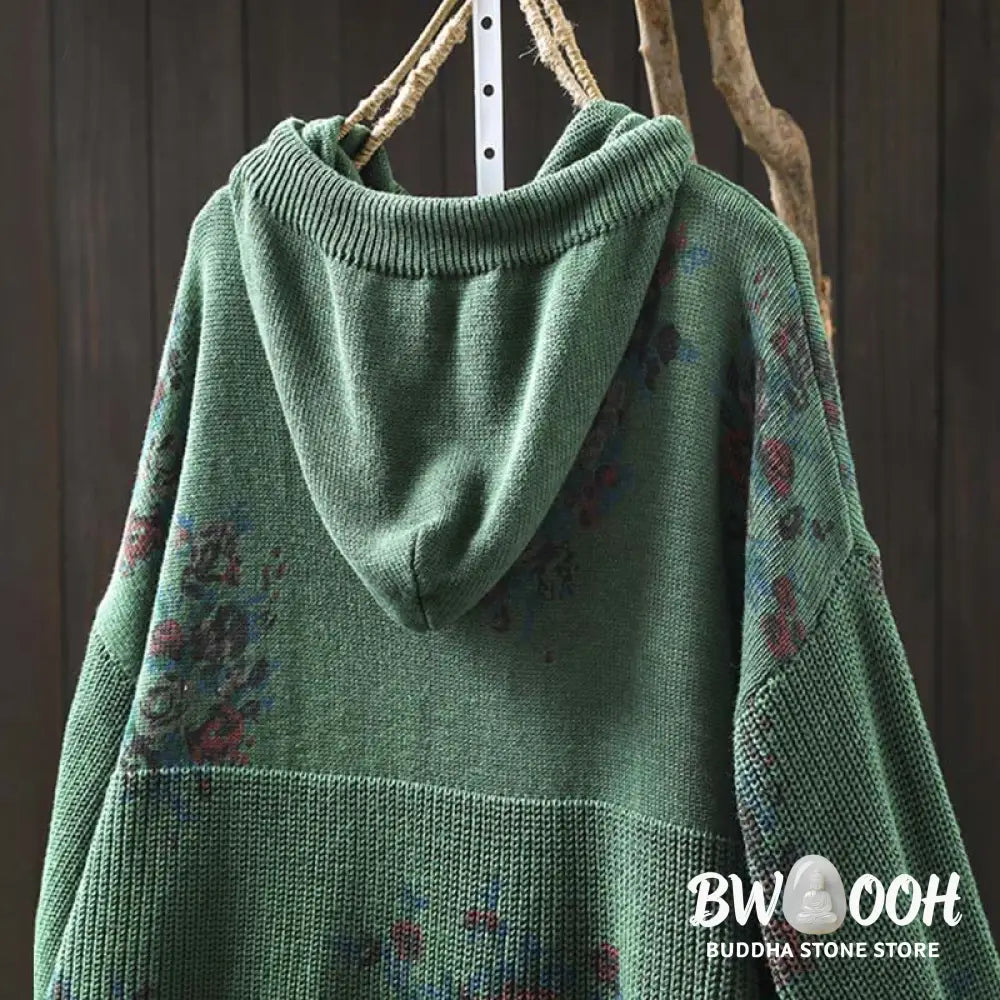 Buddha Stones Women’s Knitted Floral Cotton Long Sleeve Hooded Sweater - Women’s Sweater