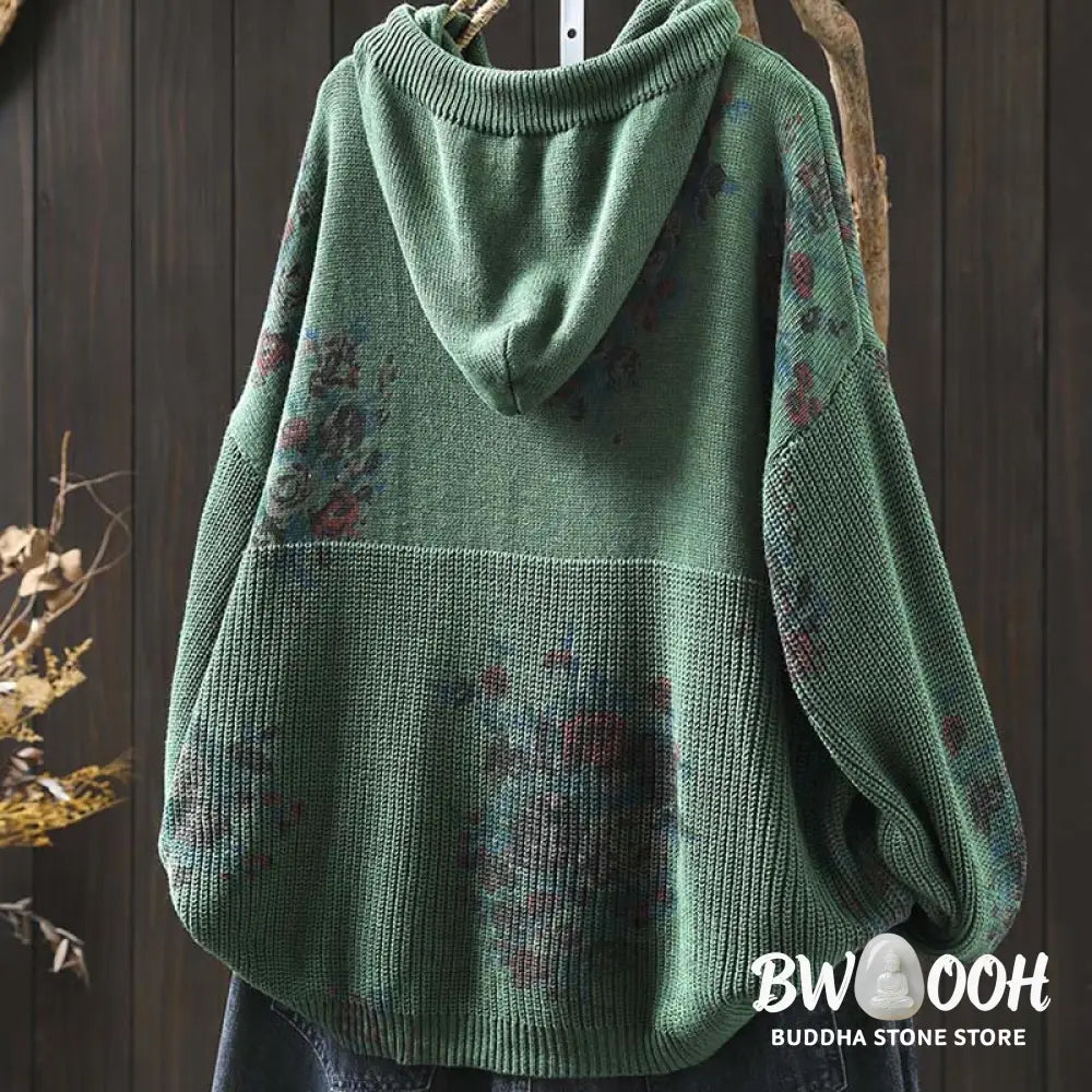 Buddha Stones Women’s Knitted Floral Cotton Long Sleeve Hooded Sweater - Women’s Sweater
