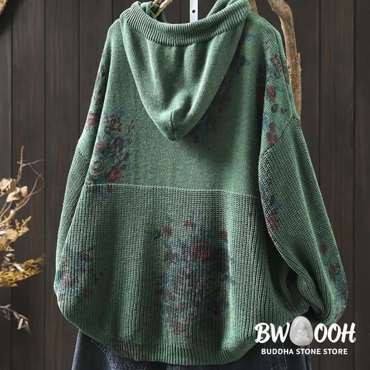 Buddha Stones Women’s Knitted Floral Cotton Long Sleeve Hooded Sweater - Women’s Sweater