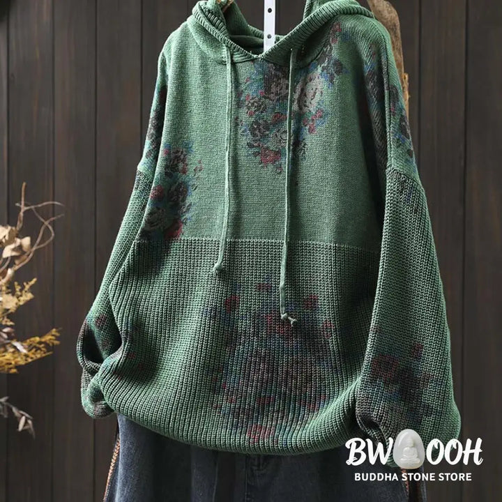 Buddha Stones Women’s Knitted Floral Cotton Long Sleeve Hooded Sweater - Women’s Sweater