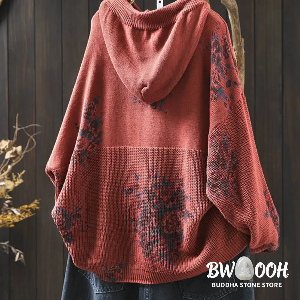 Buddha Stones Women’s Knitted Floral Cotton Long Sleeve Hooded Sweater - Women’s Sweater
