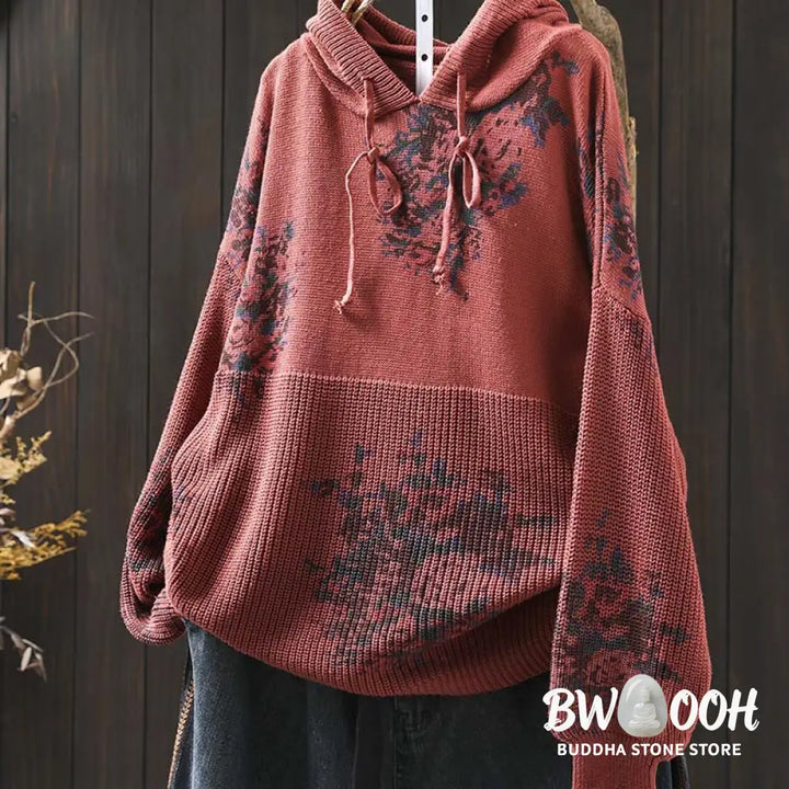 Buddha Stones Women’s Knitted Floral Cotton Long Sleeve Hooded Sweater - Women’s Sweater