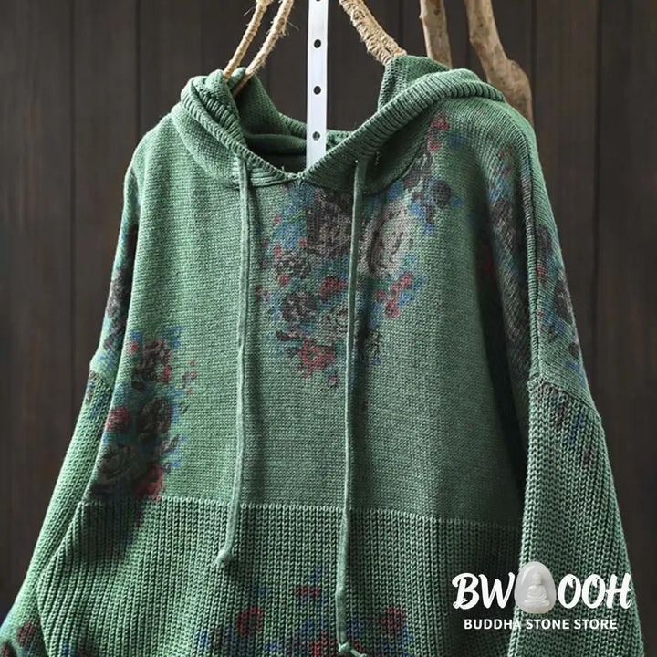 Buddha Stones Women’s Knitted Floral Cotton Long Sleeve Hooded Sweater - Women’s Sweater