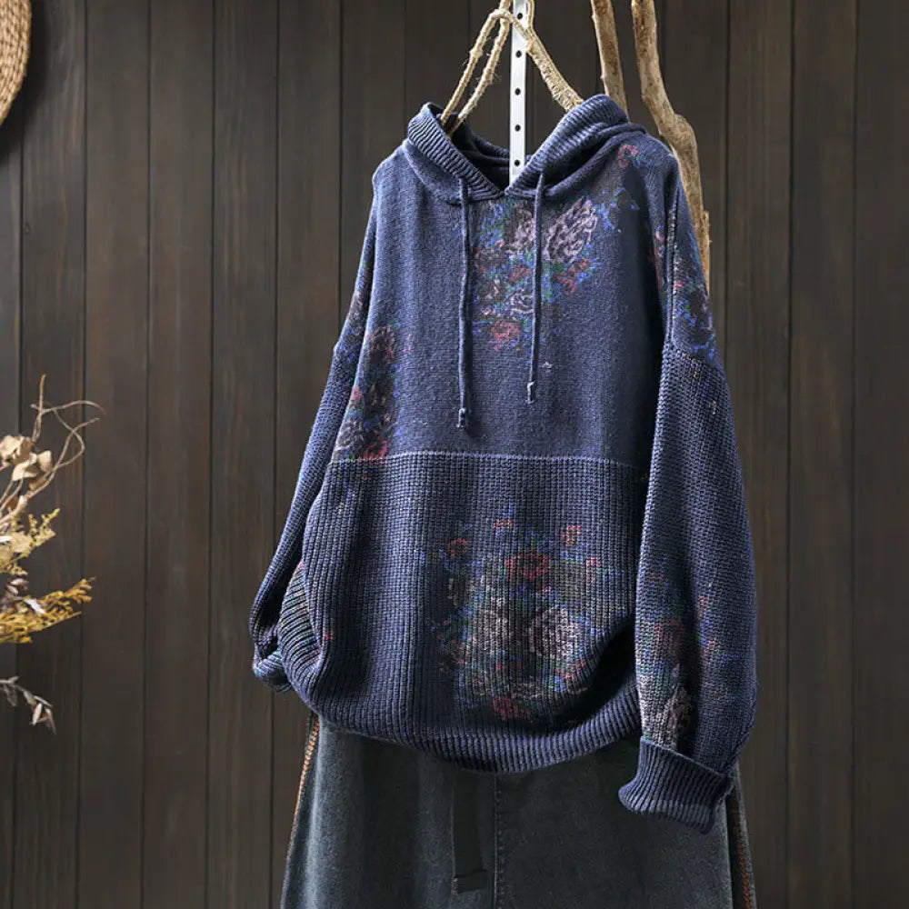 Buddha Stones Women’s Knitted Floral Cotton Long Sleeve Hooded Sweater - DarkBlue / US4-6，UK/AU8-10，EU36-38 (F)