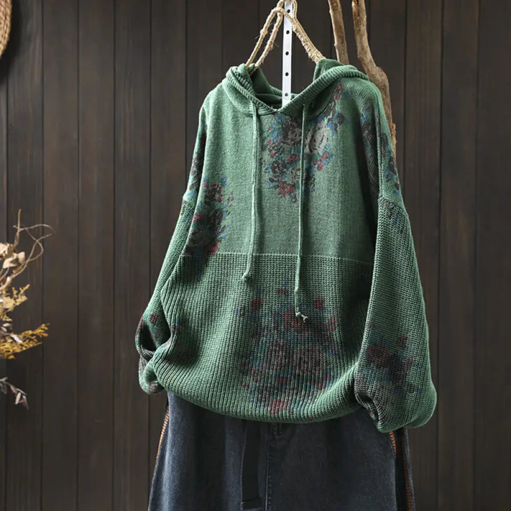 Buddha Stones Women’s Knitted Floral Cotton Long Sleeve Hooded Sweater - MediumSeaGreen / US4-6，UK/AU8-10，EU36-38 (F)