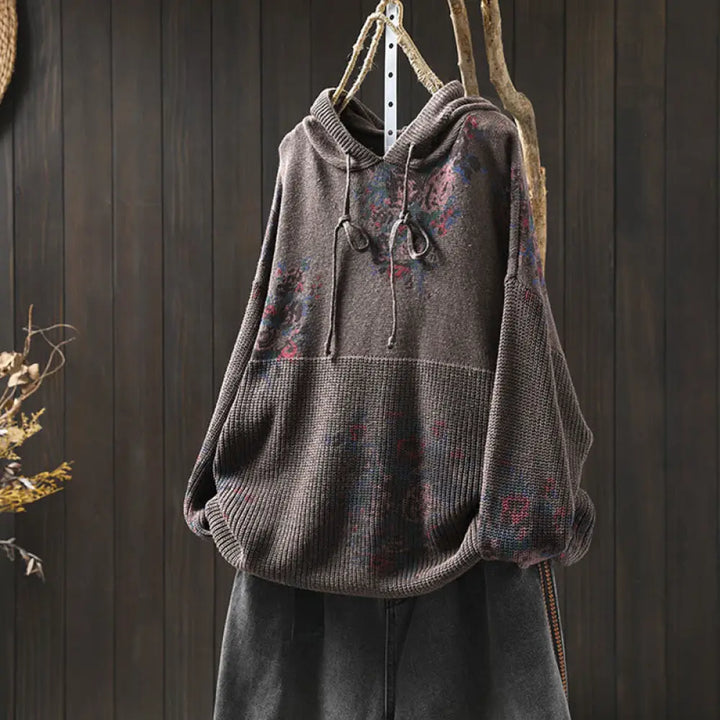 Buddha Stones Women’s Knitted Floral Cotton Long Sleeve Hooded Sweater - SaddleBrown / US4-6，UK/AU8-10，EU36-38 (F)