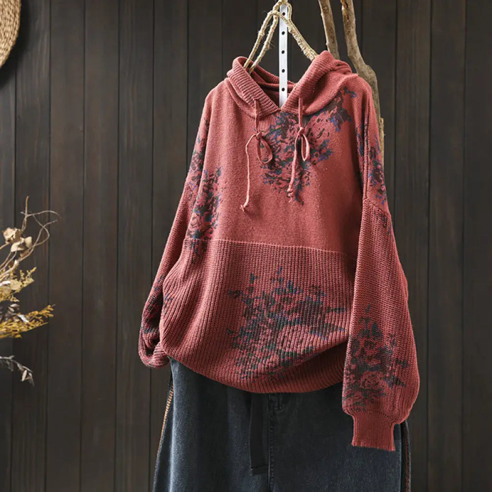 Buddha Stones Women’s Knitted Floral Cotton Long Sleeve Hooded Sweater - Tomato / US4-6，UK/AU8-10，EU36-38 (F) - Women’s