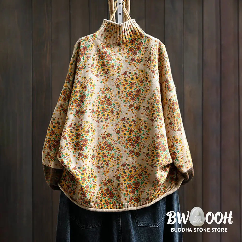 Buddha Stones Women’s Knitted Floral Cotton Ribbed Hem Long Sleeve Mock Neck Sweater - Women’s Sweater