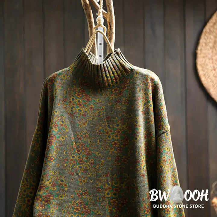 Buddha Stones Women’s Knitted Floral Cotton Ribbed Hem Long Sleeve Mock Neck Sweater - Women’s Sweater