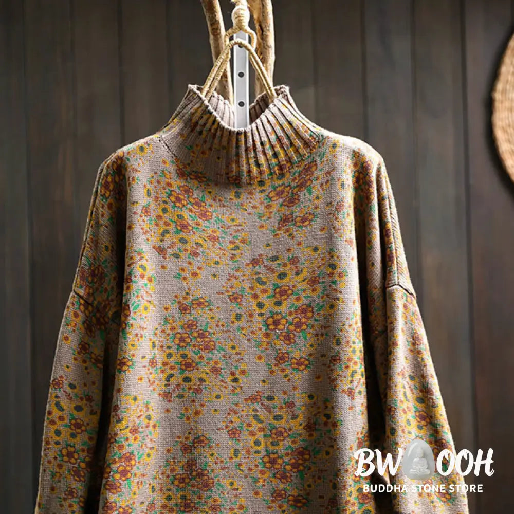 Buddha Stones Women’s Knitted Floral Cotton Ribbed Hem Long Sleeve Mock Neck Sweater - Women’s Sweater