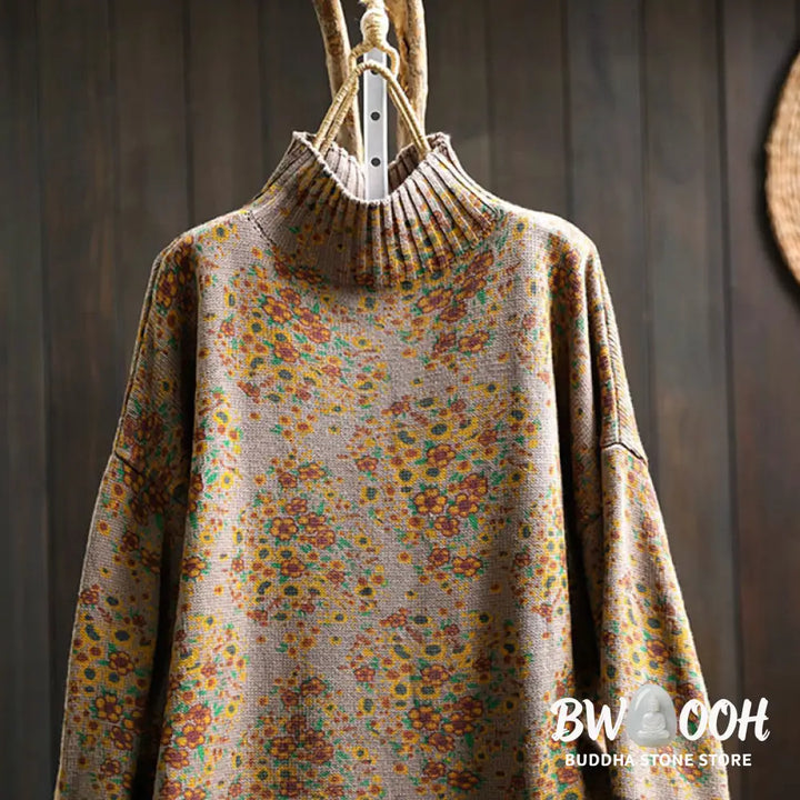 Buddha Stones Women’s Knitted Floral Cotton Ribbed Hem Long Sleeve Mock Neck Sweater - Women’s Sweater