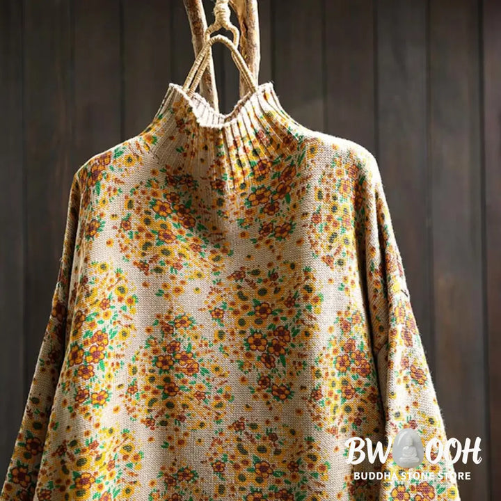 Buddha Stones Women’s Knitted Floral Cotton Ribbed Hem Long Sleeve Mock Neck Sweater - Women’s Sweater