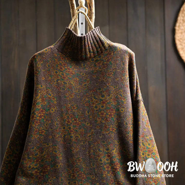 Buddha Stones Women’s Knitted Floral Cotton Ribbed Hem Long Sleeve Mock Neck Sweater - Women’s Sweater